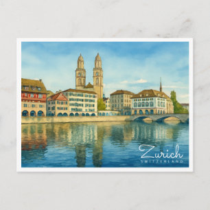 Cartão Postal De Festividades Zurique Suíça Aquarela Retro Viagem