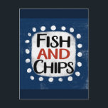 Cartão Postal de Fish And Chips<br><div class="desc">Um design de mensagem tipográfica divertido e fofo que diz "Fish And Chips". Possui texto preto e vermelho em um retângulo branco com pontos brancos divertidos e alegres ao redor,  tudo em um fundo azul.</div>