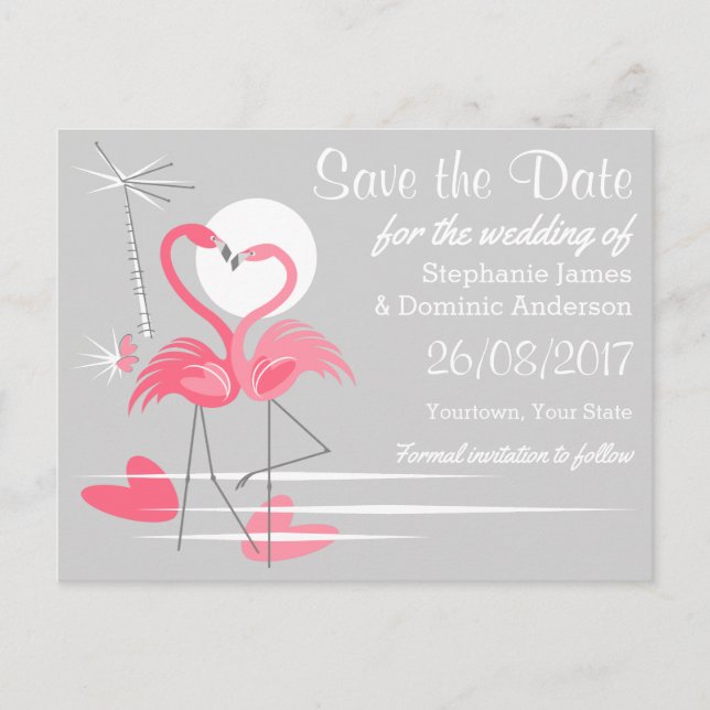 cartão postal de Flamingo Love Save the Date em pa (Frente)