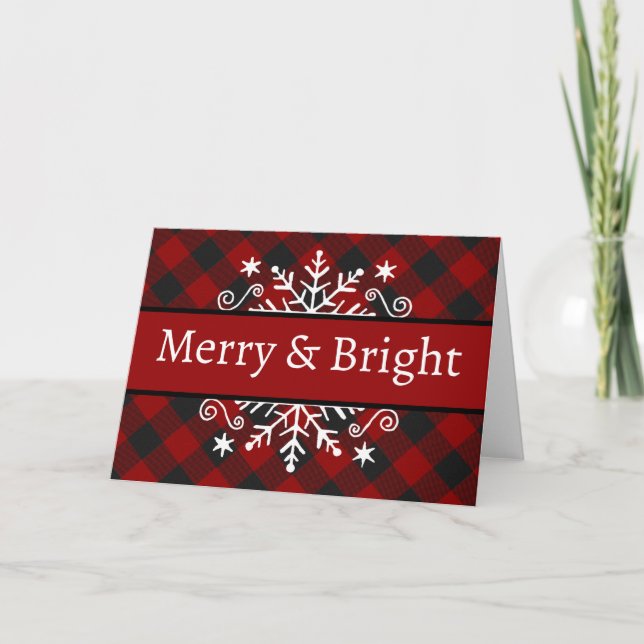 Cartão postal de floco de neve Plaid Merry & Brigh (Frente)