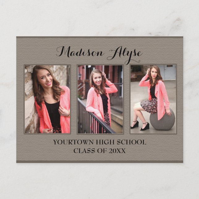 Cartão postal de formatura com três fotos marrom e (Frente)