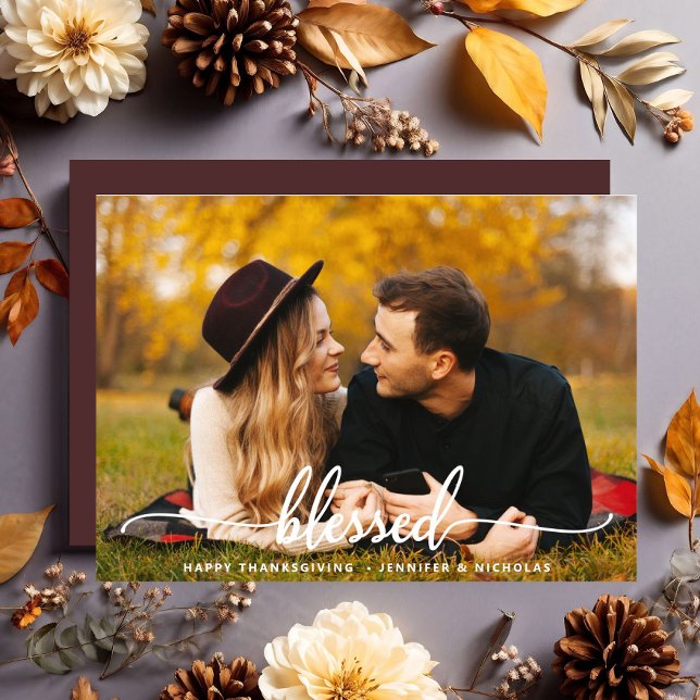 Cartão postal de foto com texto abençoado de Ação  (Thanksgiving Blessed Script Photo Postcard)
