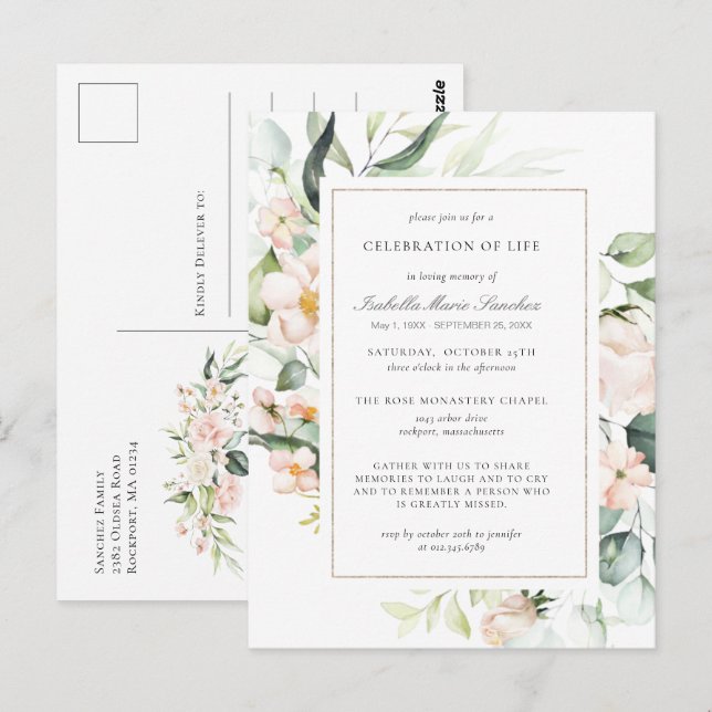 Cartão postal de funeral Celebração da Vida Floral (Frente/Verso)