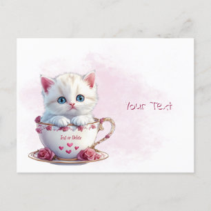 Cartão postal de gatinho em xícara com flores cor-