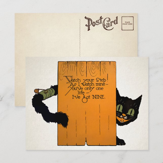 Cartão postal de gato de rua retrô de Halloween (Frente/Verso)