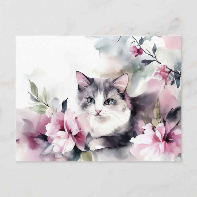 Cartão Postal de Gato em Aquarela (Frente)