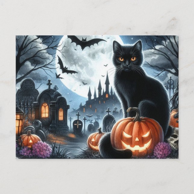 Cartão postal de gato preto de Halloween assustado (Frente)