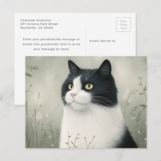 Cartão postal de gato preto e branco (Frente/Verso)