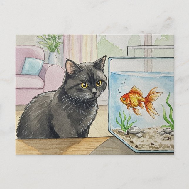 Cartão postal de gato preto e peixe dourado (Frente)