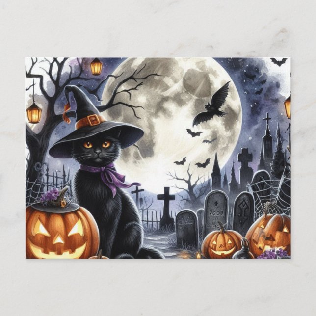 Cartão postal de gato preto fofo de Halloween (Frente)