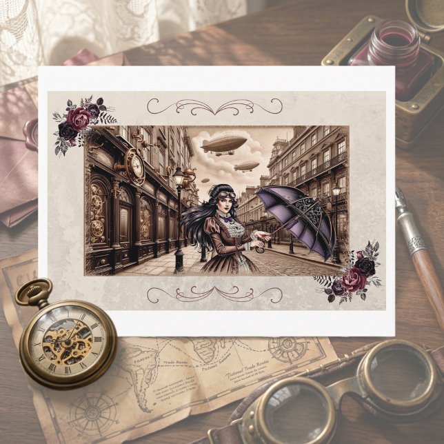 Cartão Postal de Guarda-Chuva de Zepelim Steampunk (Vintage Victorian Woman with Umbrella Postcard)