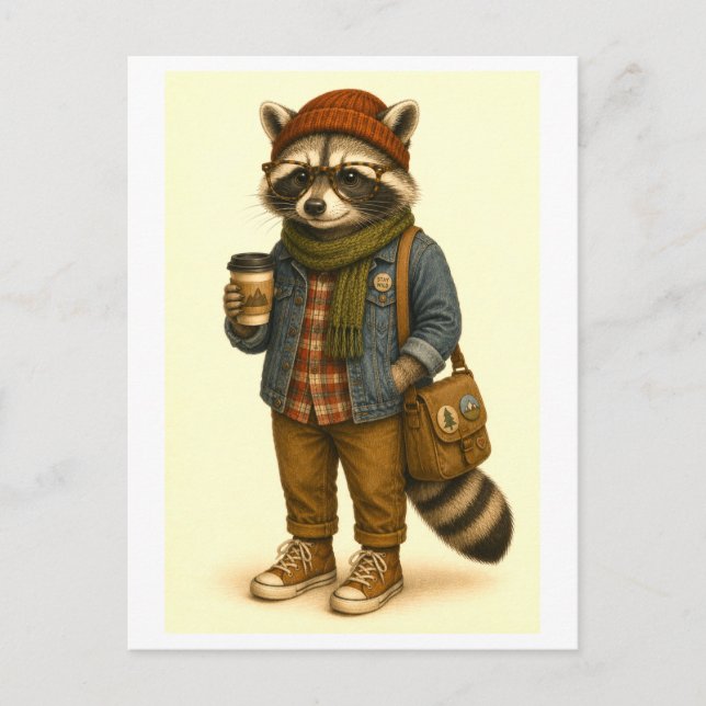 Cartão postal de guaxinim hipster (Frente)