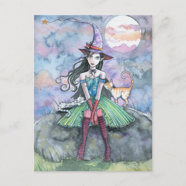 Cartão Postal de Halloween de Gato Bruxa 'Doce e Á (Frente)