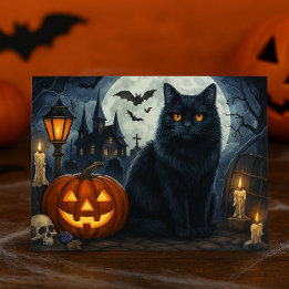 Cartão postal de Halloween de Gato Preto Assustado