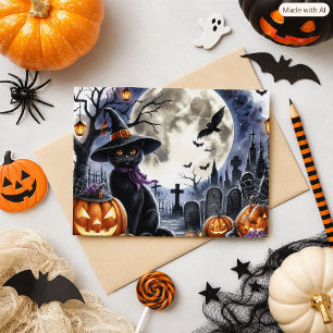 Cartão postal de Halloween de gato preto fofo