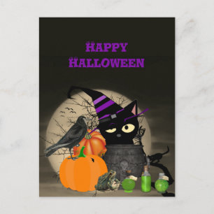 Cartão postal de Halloween de Gato Preto Mágico pa