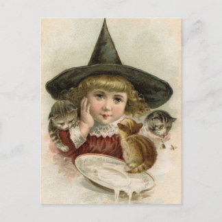 Cartão postal de Halloween de menina bruxa vintage