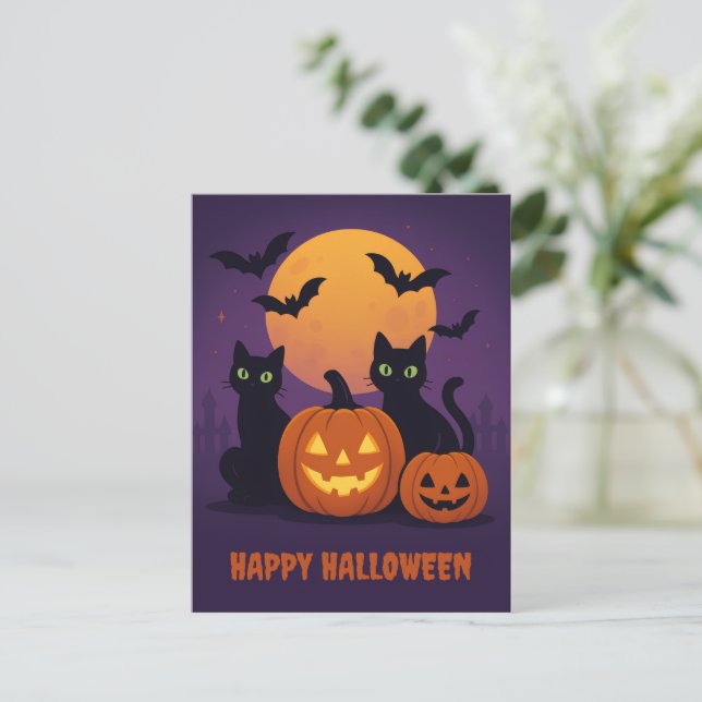 Cartão postal de Halloween fofo e assustador – gat (Em pé/Frente)