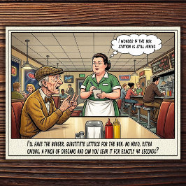 Cartão postal de humor de restaurante vida de garç