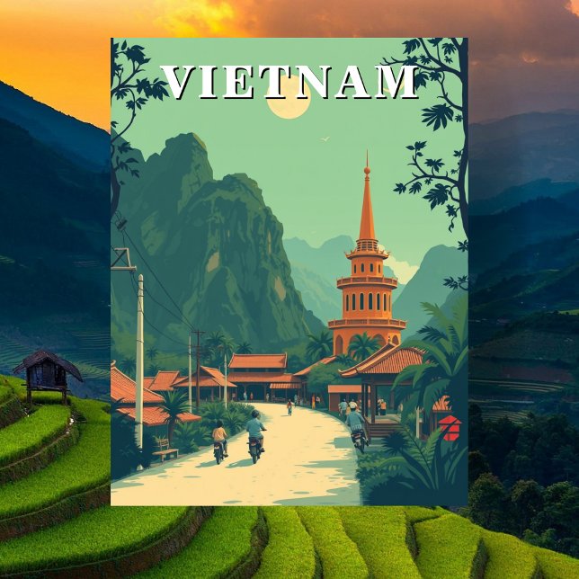 Cartão Postal de Ilustração de Viagem no Vietnã Ru (Rural Vietnam Travel Illustration Postcard)