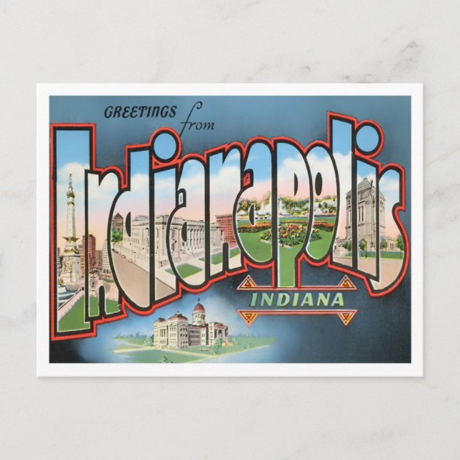 Cartão postal de Indianapolis, Indiana com letras  (Frente)