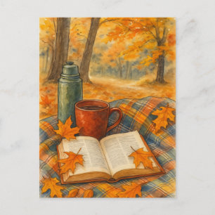 Cartão postal de livro e café de outono aconchegan