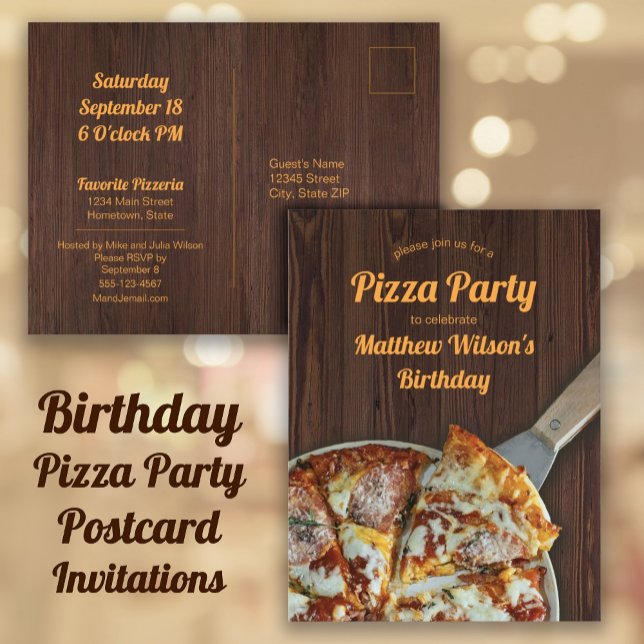 Cartão Postal de Madeira Rústica Festa de Pizza de (Birthday Pizza Party Invitations for a child, teen, or adult birthday party.)