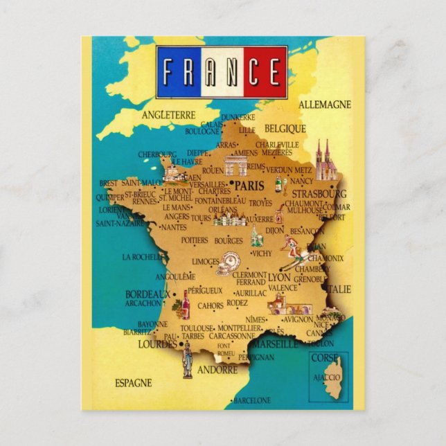 Cartão postal de mapa antigo da França (Frente)