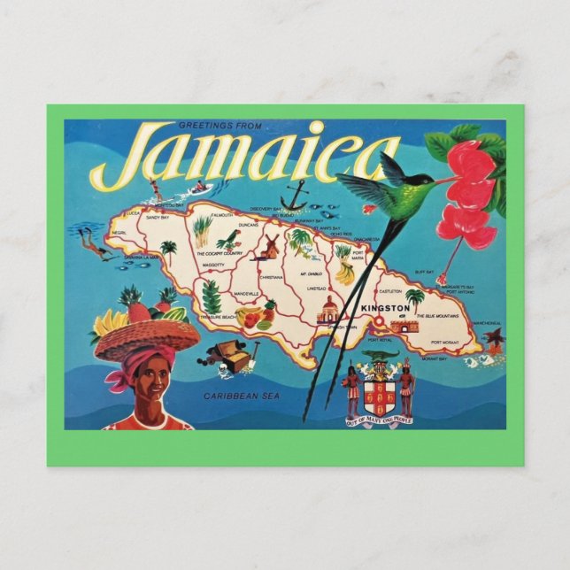 Cartão postal de mapa antigo da ilha da Jamaica (Frente)