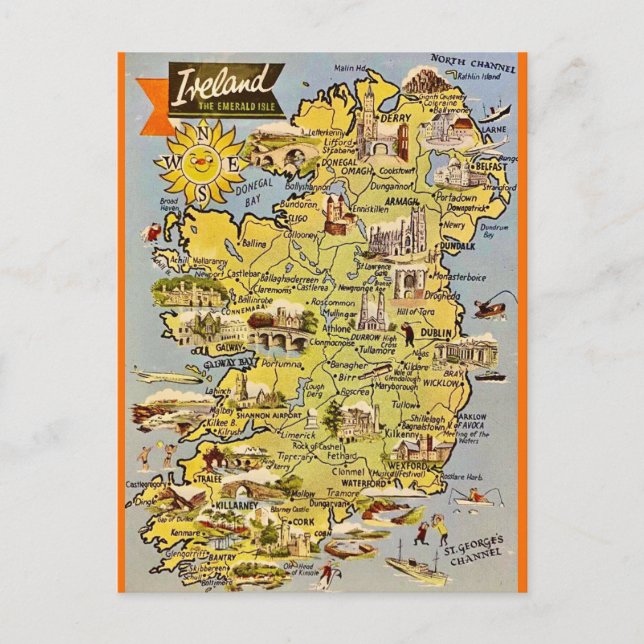 Cartão postal de mapa antigo da Irlanda (Frente)