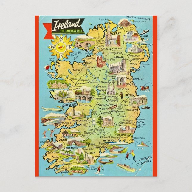 Cartão postal de mapa antigo da Irlanda (Frente)