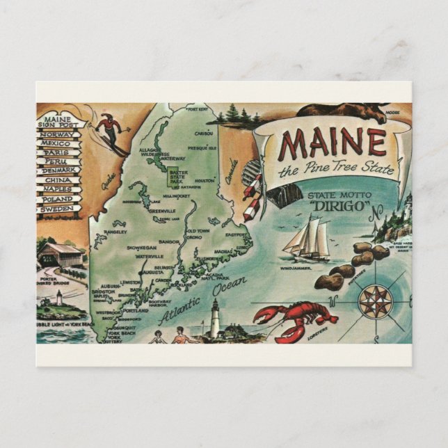 Cartão Postal de Mapa Antigo de Maine (Frente)