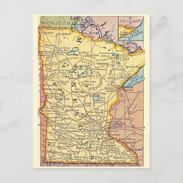 Cartão postal de mapa antigo de Minnesota (Frente)