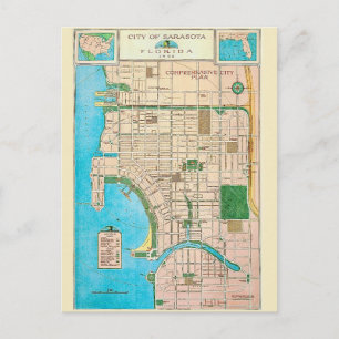 Cartão postal de mapa antigo de Sarasota FL