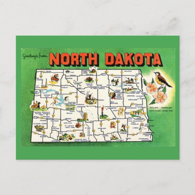 Cartão postal de Mapa do Estado do Dakota do Norte (Frente)