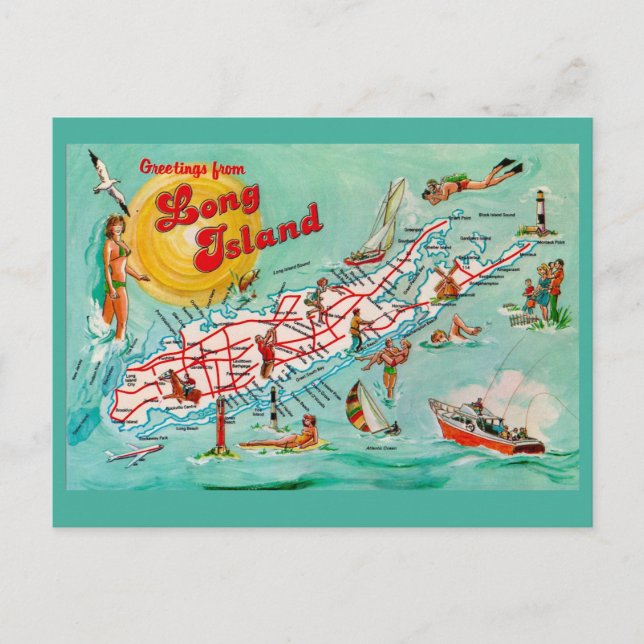 Cartão Postal de Mapa Ilustrado de Long Island (Frente)