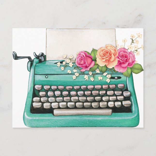 Cartão Postal de Máquina de Escrever Antiga (A vibrant, artistic vintage turquoise typewriter adorned with delicate pink and peach flowers.)