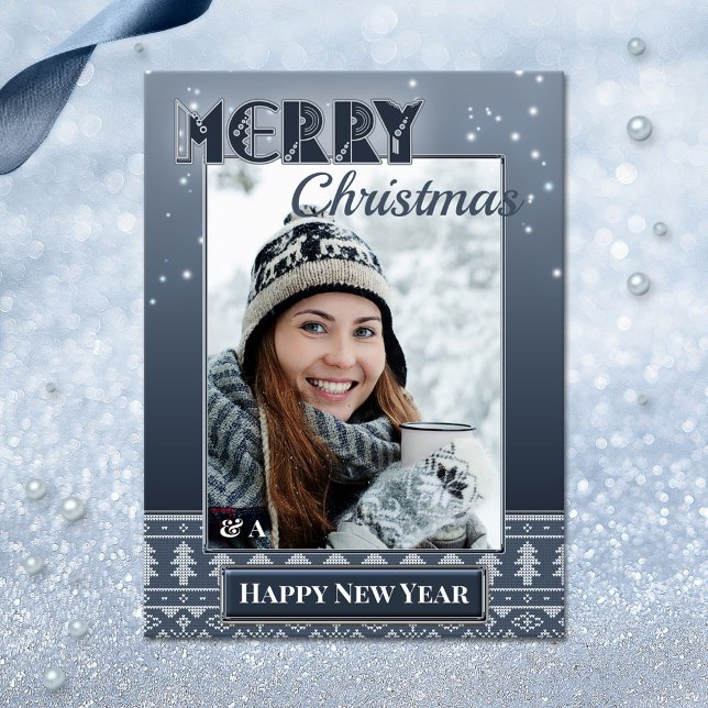 Cartão postal de Marinho de fotos Feriados de Nata (An ugly sweater photo template postcard with Merry Christmas and a Happy New Year wishes)