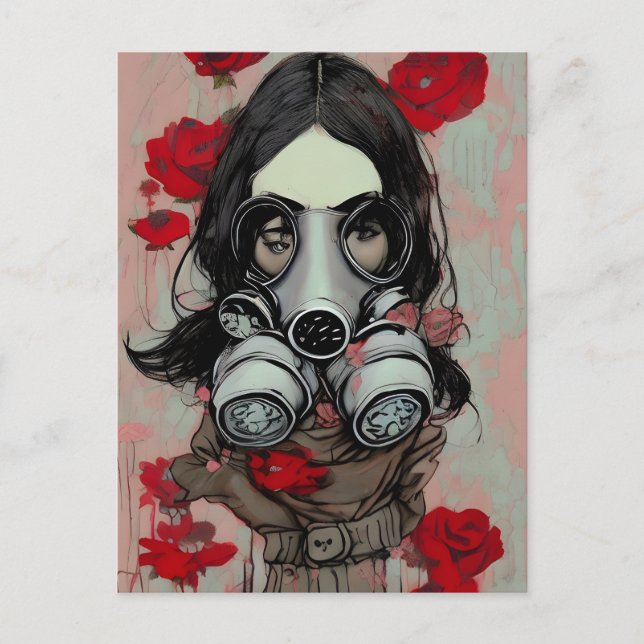 Cartão postal de máscara de gás e flores (Frente)