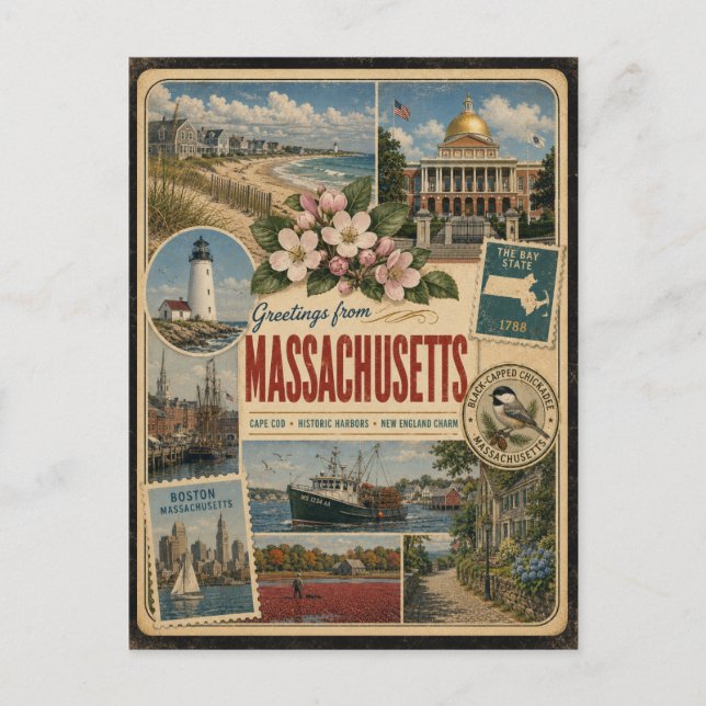 Cartão postal de Massachusetts com estilo vintage  (Frente)