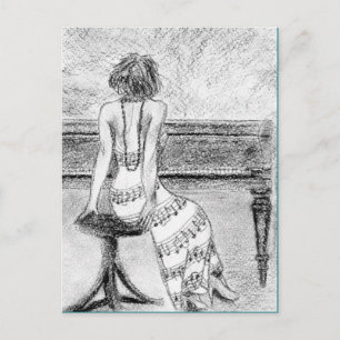 Cartão postal de mulher ao piano
