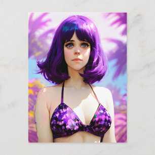 Cartão postal de mulher com cabelo roxo e biquíni