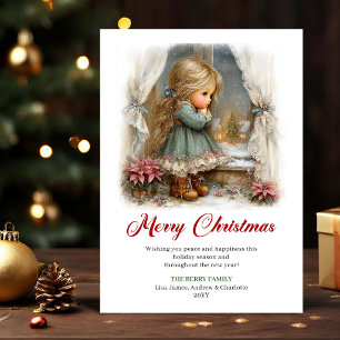 Cartão Postal de Natal Menina Linda Cena de Invern