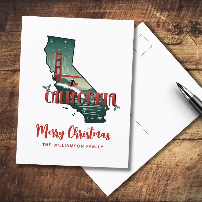 Cartão postal de Natal Merry California State Holi (Personalize postcard front with your details.  Reverse is blank for your handwritten message)
