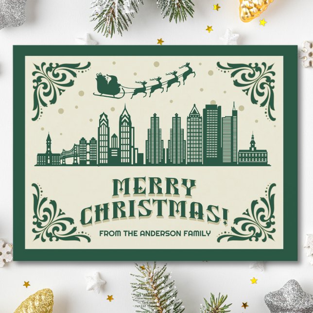 Cartão postal de Natal no Skyline da Phadelphia PA (Philadelphia, PA skyline christmas card green modern merry christmas postcard with custom details)