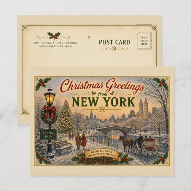 Cartão postal de Natal vintage do Central Park (Frente/Verso)