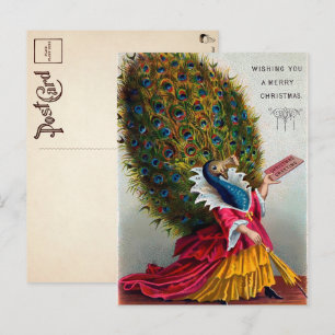 Cartão postal de Natal vintage vitoriano de pavão