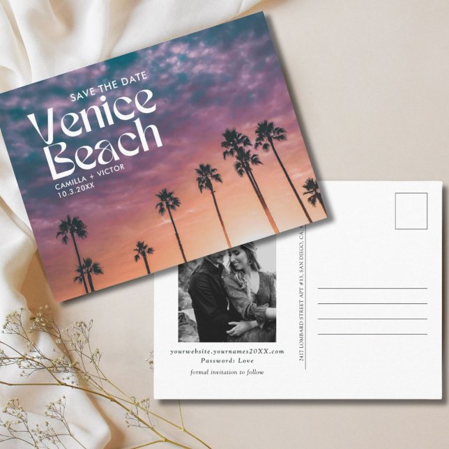 Cartão Postal de Noivado de Casamento na Praia de  (Venice Beach Wedding Save the Date Postcard)