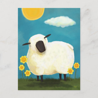 Cartão Postal de Ovelhas Fofas e Flores Amarelas