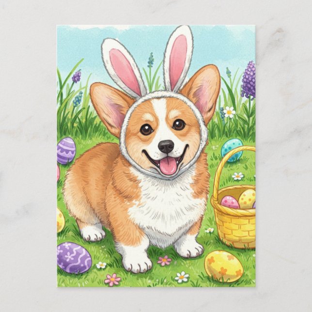 Cartão postal de ovos de Páscoa de Corgi Fofo (Frente)